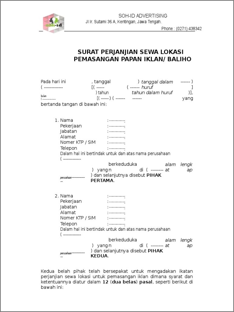 Contoh Surat Perjanjian Sewa Lokasi Pemasangan Reklame