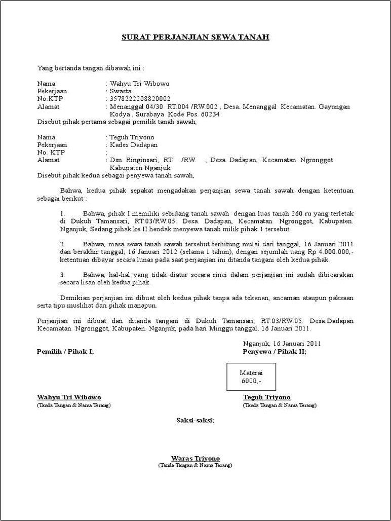Contoh Surat Perjanjian Sewa Menyewa Tanah Di Bawah Tangan
