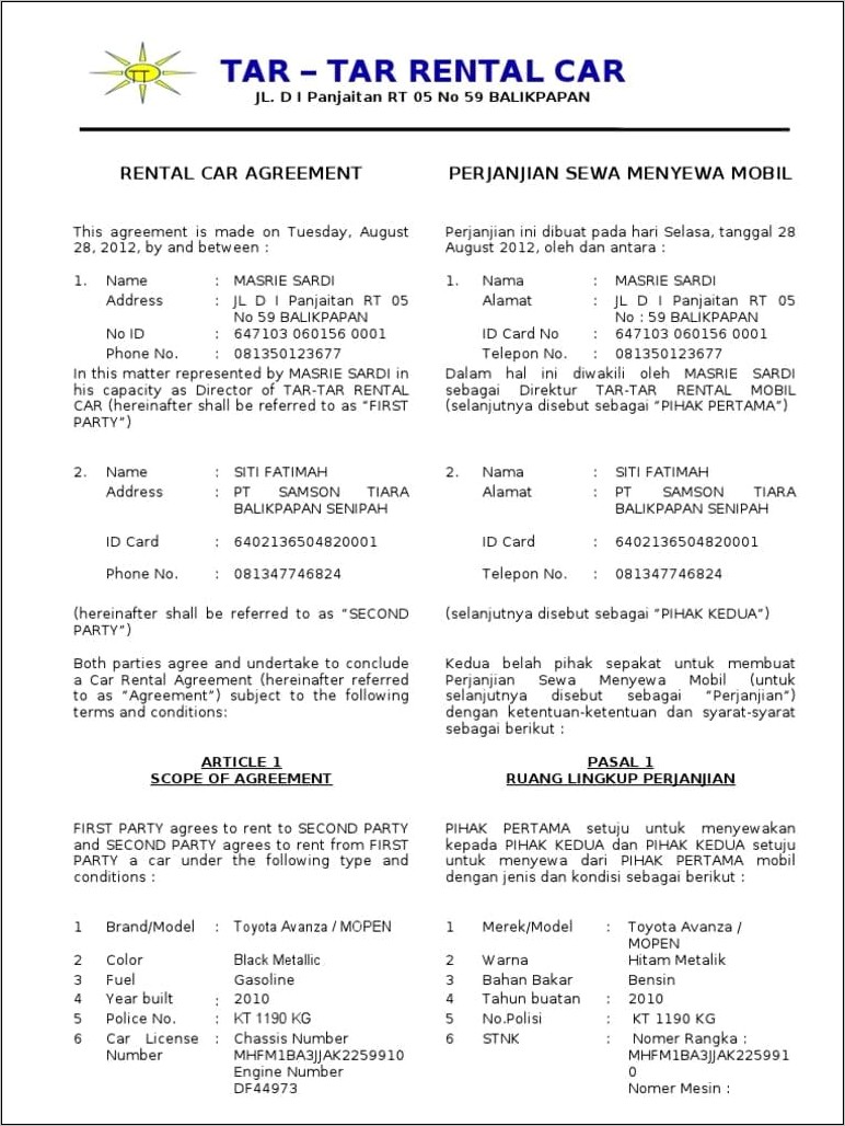 Contoh Surat Perjanjian Sewa Mobil Harian Singkat