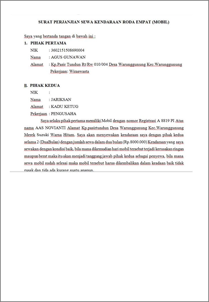 Contoh Surat Perjanjian Sewa Mobil Operasional