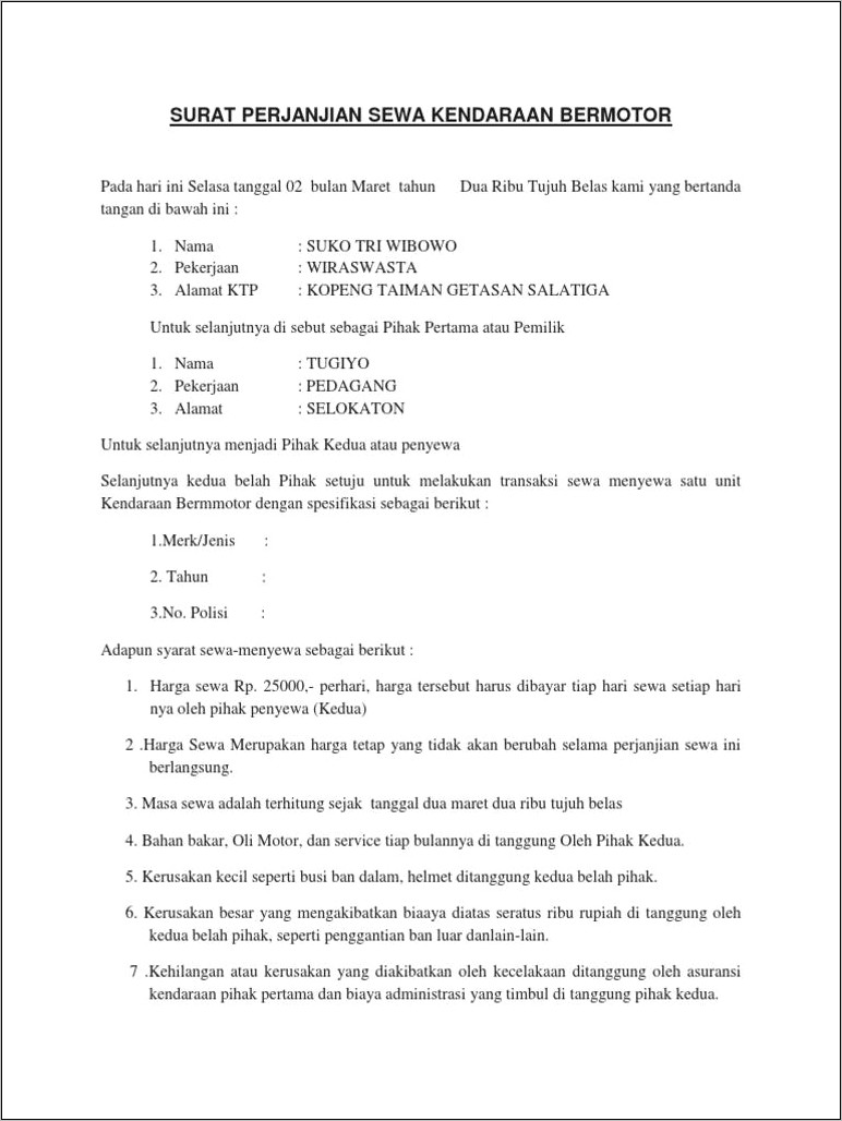 Contoh Surat Perjanjian Sewa Mobil Sederhana