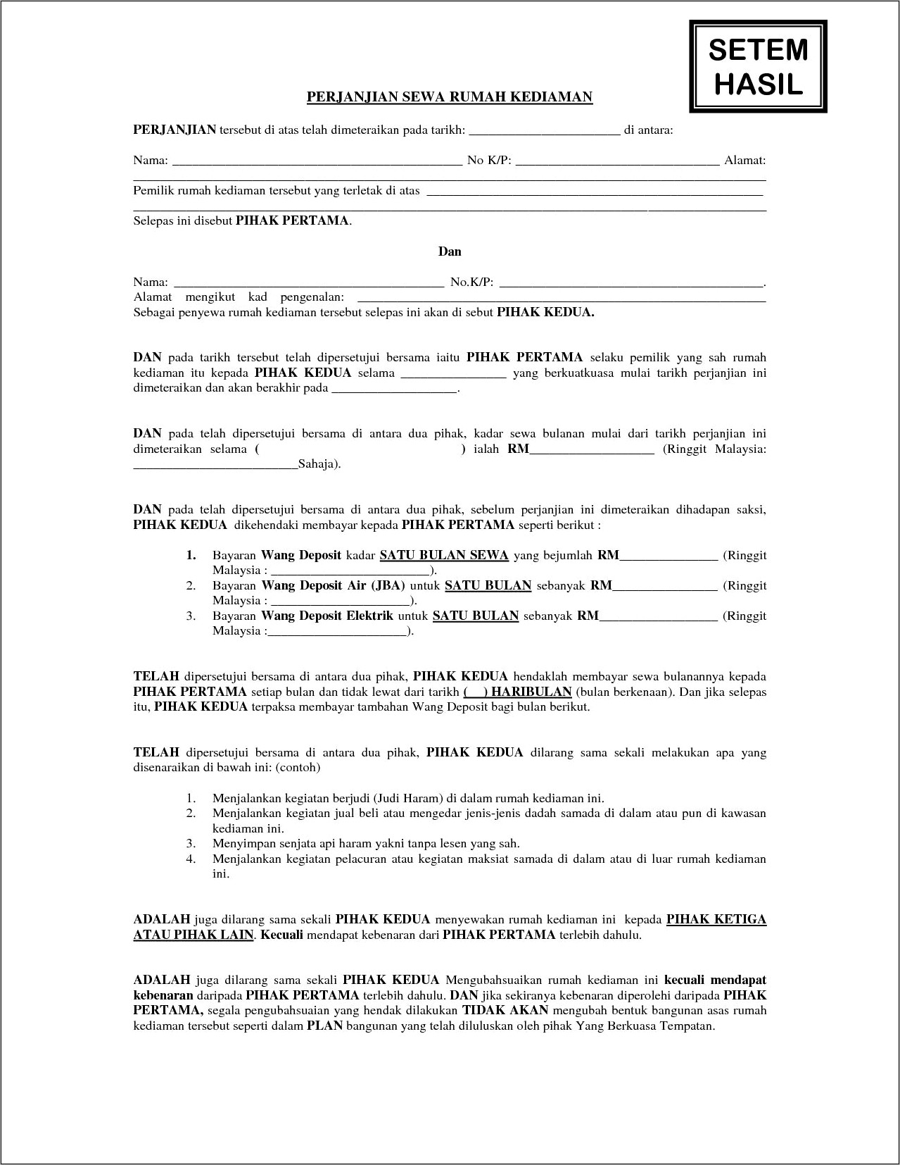 Contoh Surat Perjanjian Sewa Rumah Kontrakan