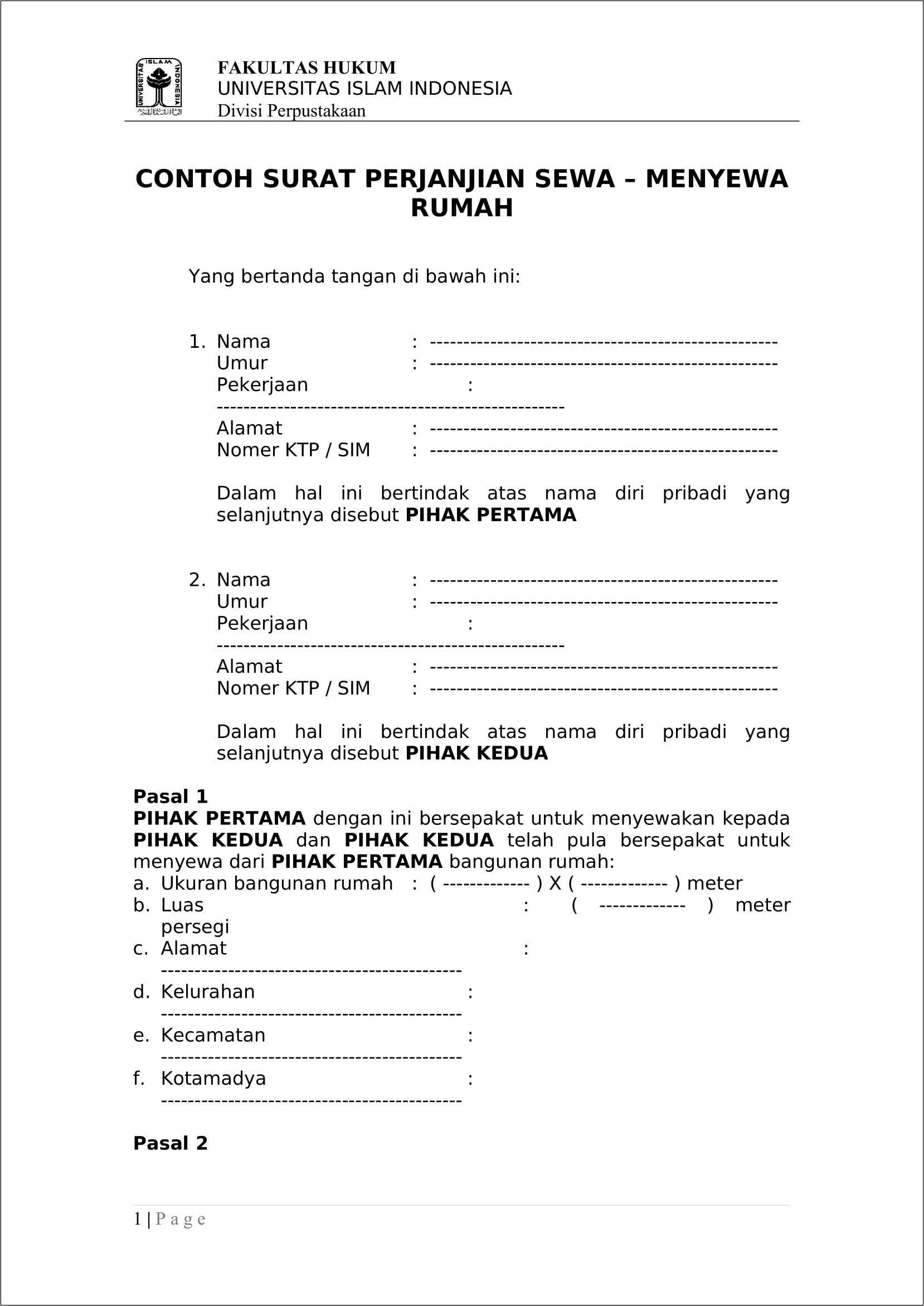 Contoh Surat Perjanjian Sewa Rumah Pdf