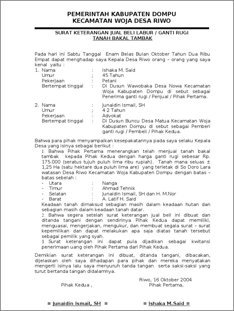 Contoh Surat Perjanjian Sewa Tambak