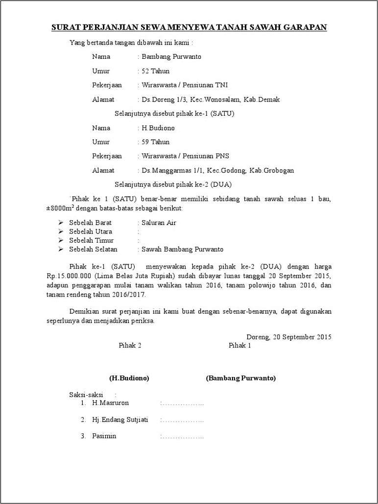 Contoh Surat Perjanjian Sewa Tanah Perkebunan