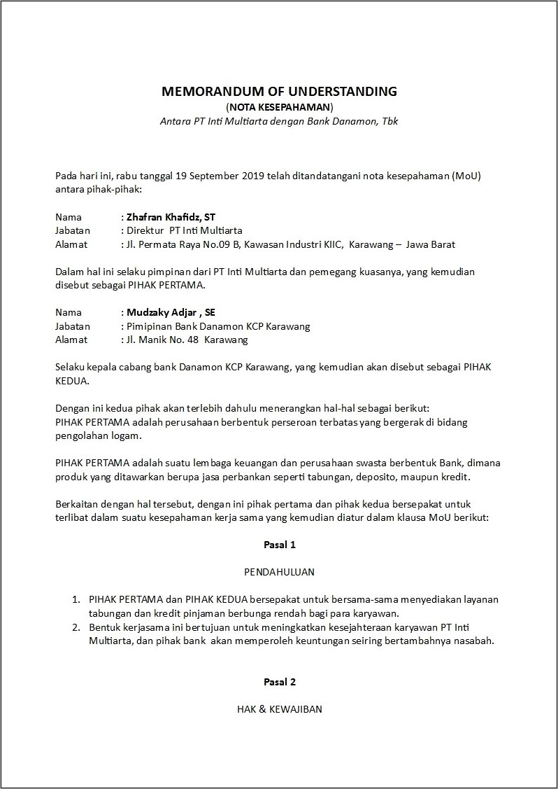 Contoh Surat Perjanjian Singkat Sekolah