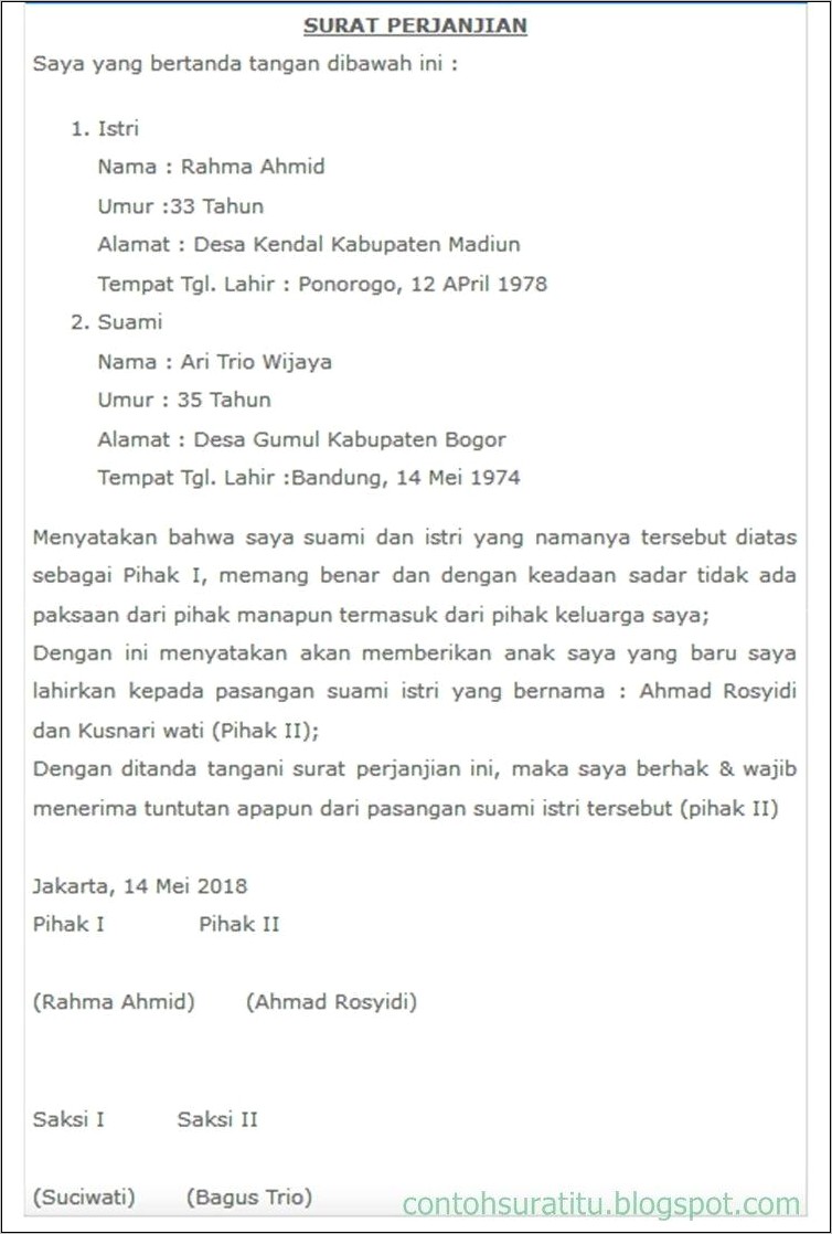 Contoh Surat Perjanjian Suami Istri Diatas Materai