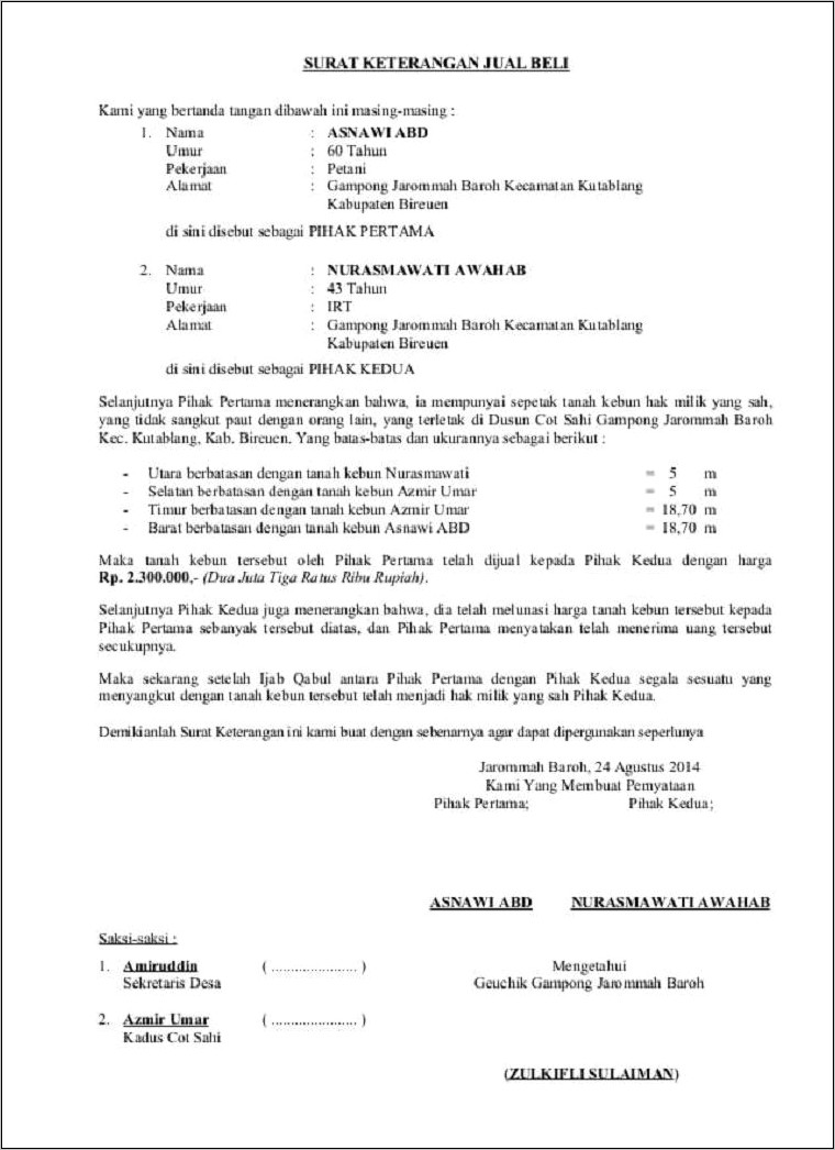Contoh Surat Perjanjian Tanah Dan Rumah