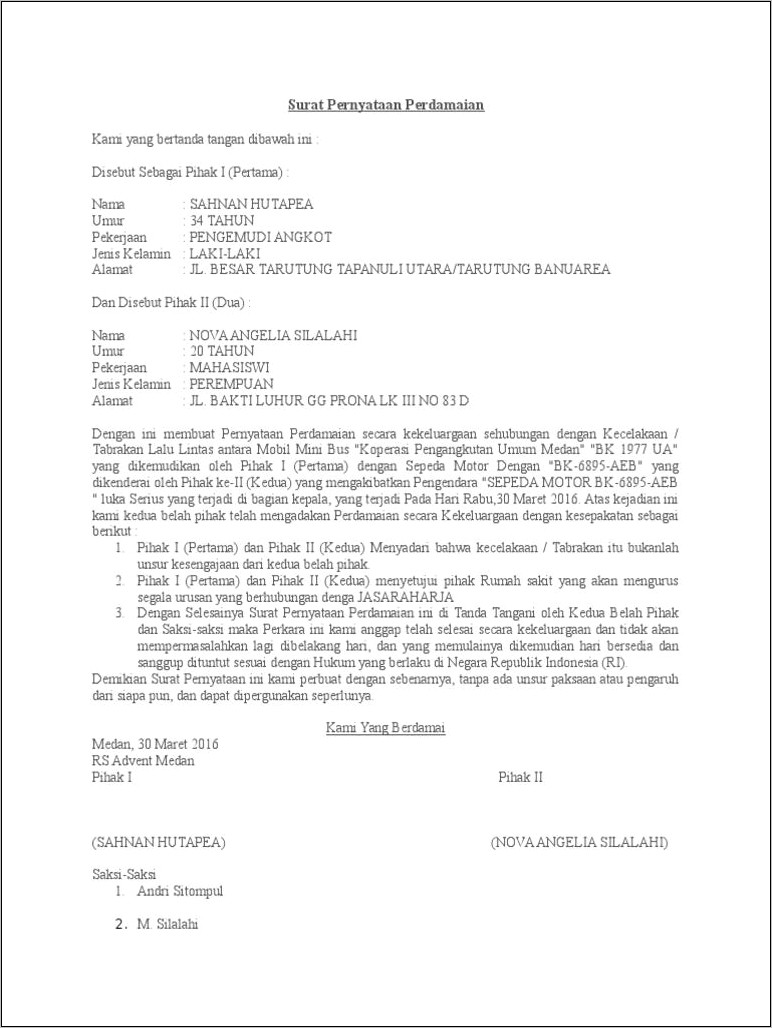 Contoh Surat Perjanjian Tanggung Jawab Kecelakaan