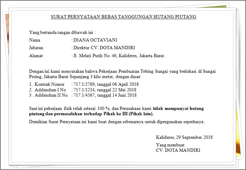 Contoh Surat Perjanjian Tidak Punya Hutang