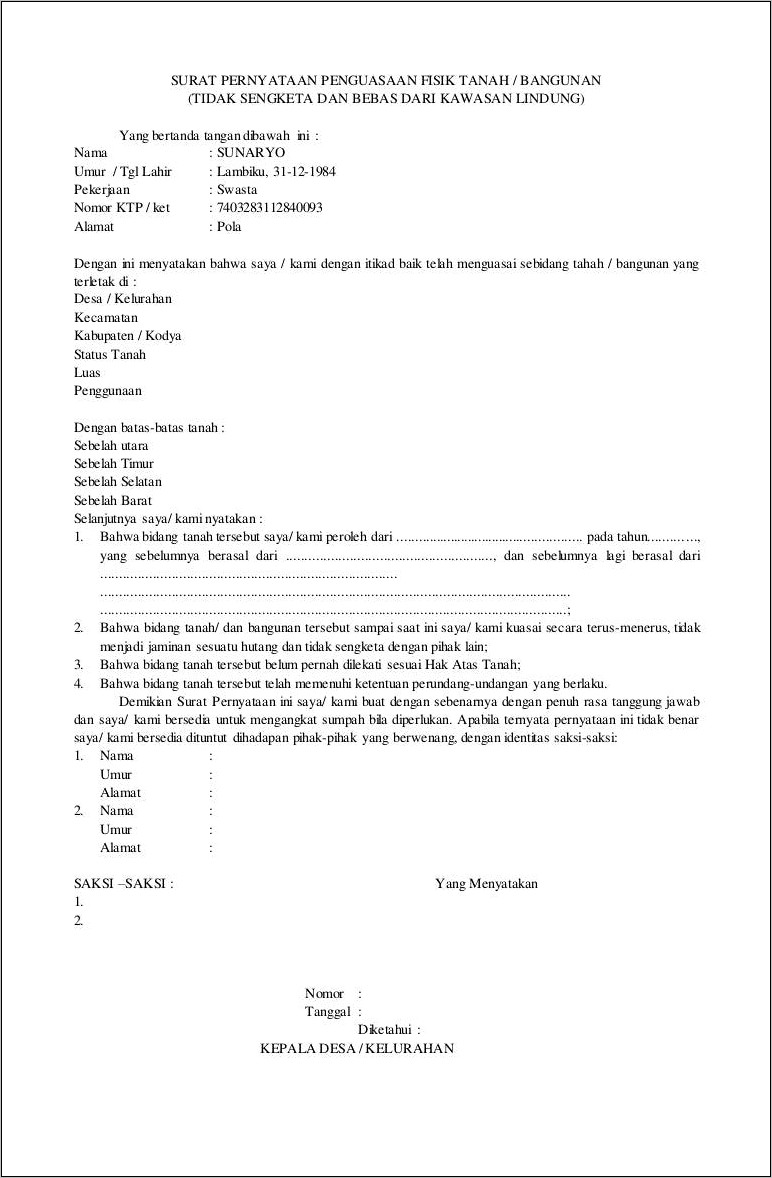 Contoh Surat Perjanjian Tidak Sengketa