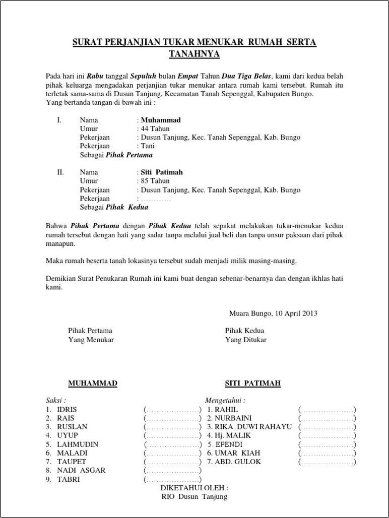 Contoh Surat Perjanjian Tukar Guling Tanah Bangunan