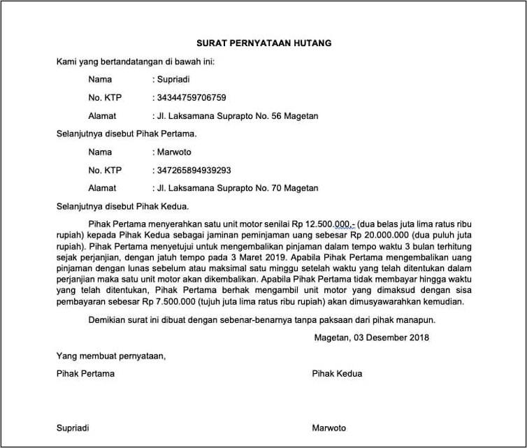 Contoh Surat Perjanjian Uatang Piutang