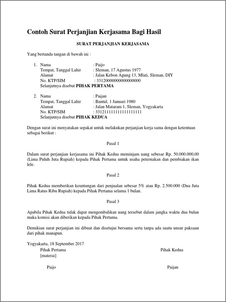 Contoh Surat Perjanjian Usaha Bersama Pdf