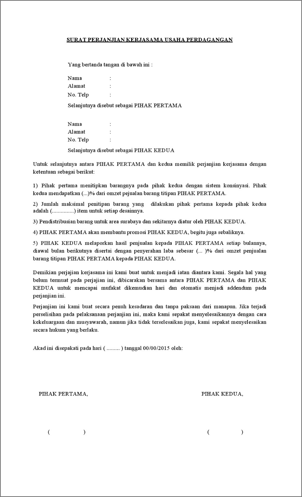 Contoh Surat Perjanjian Usaha Dagang