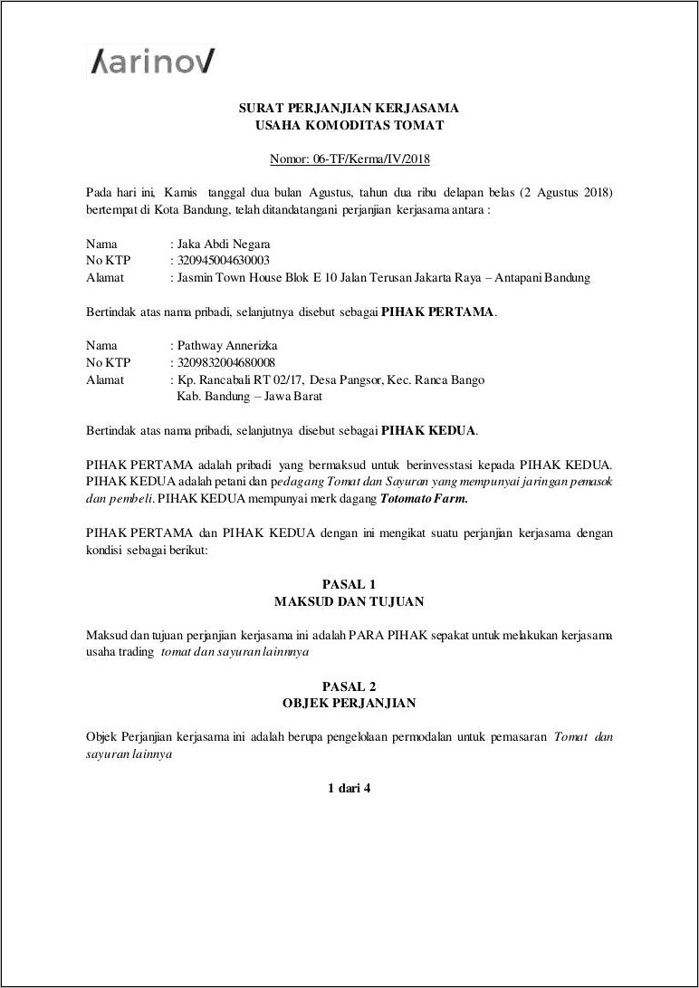 Contoh Surat Perjanjian Usaha Dengan Teman