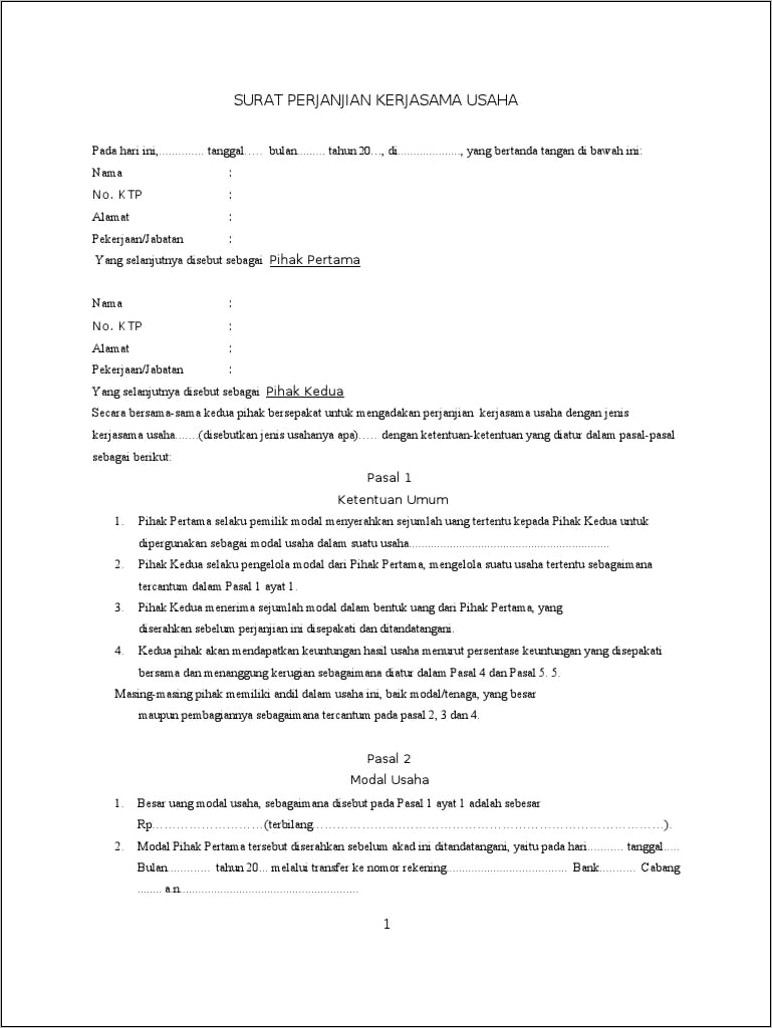 Contoh Surat Perjanjian Usaha Pdf