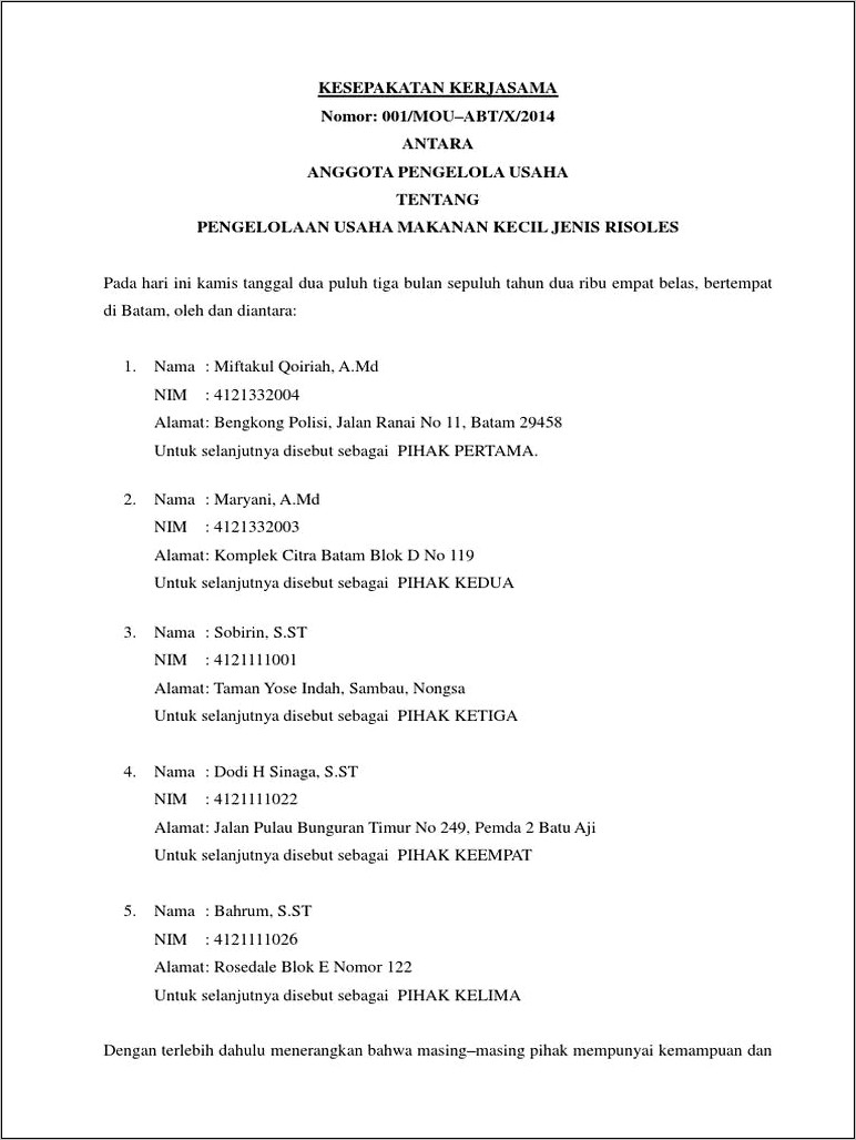 Contoh Surat Perjanjian Usaha Untuk 4 Orang