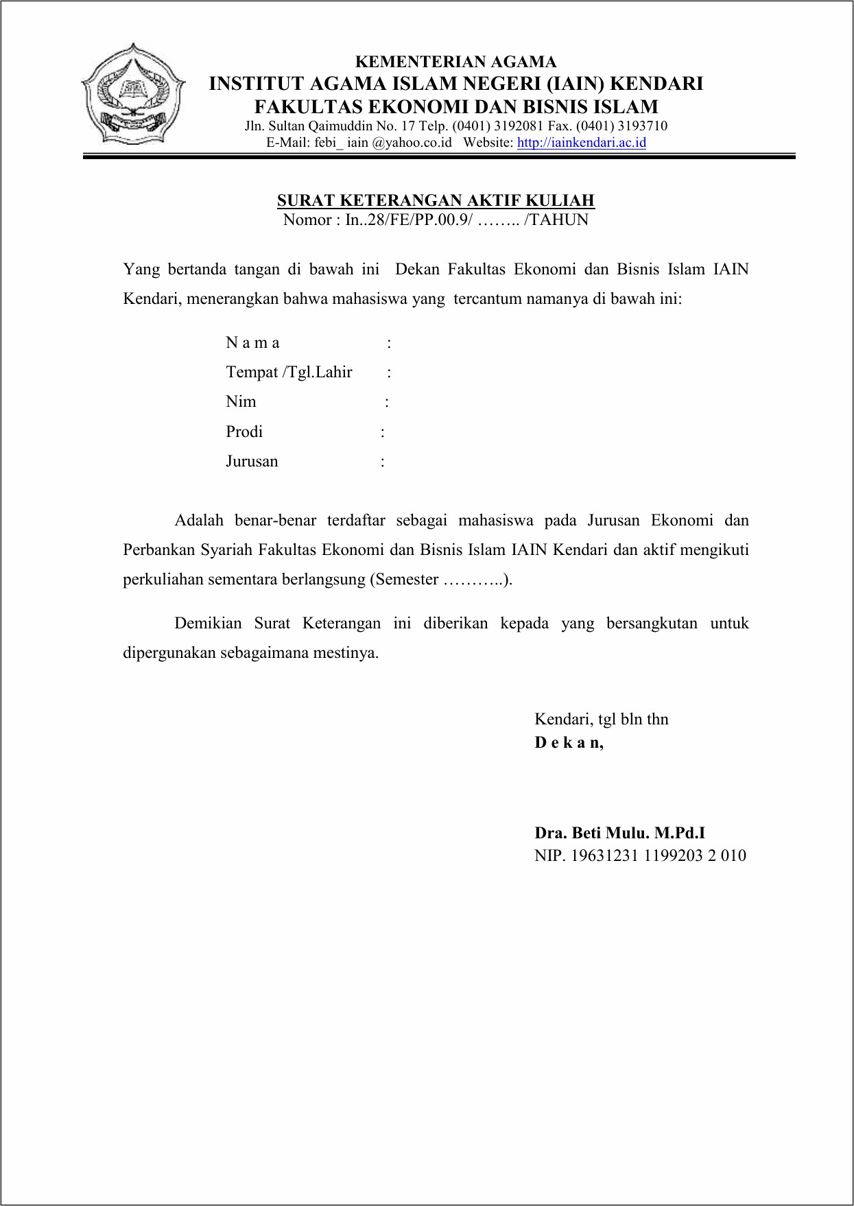 Contoh Surat Permohonan Aktif Kuliah Untuk Beasiswa