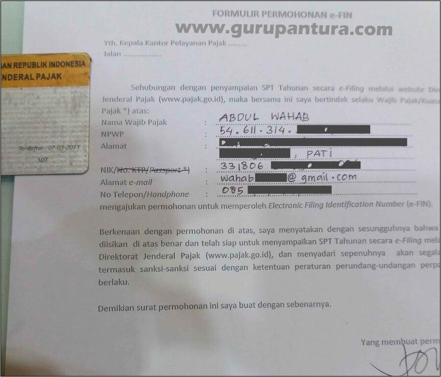 Contoh Surat Permohonan Aktivasi Npwp
