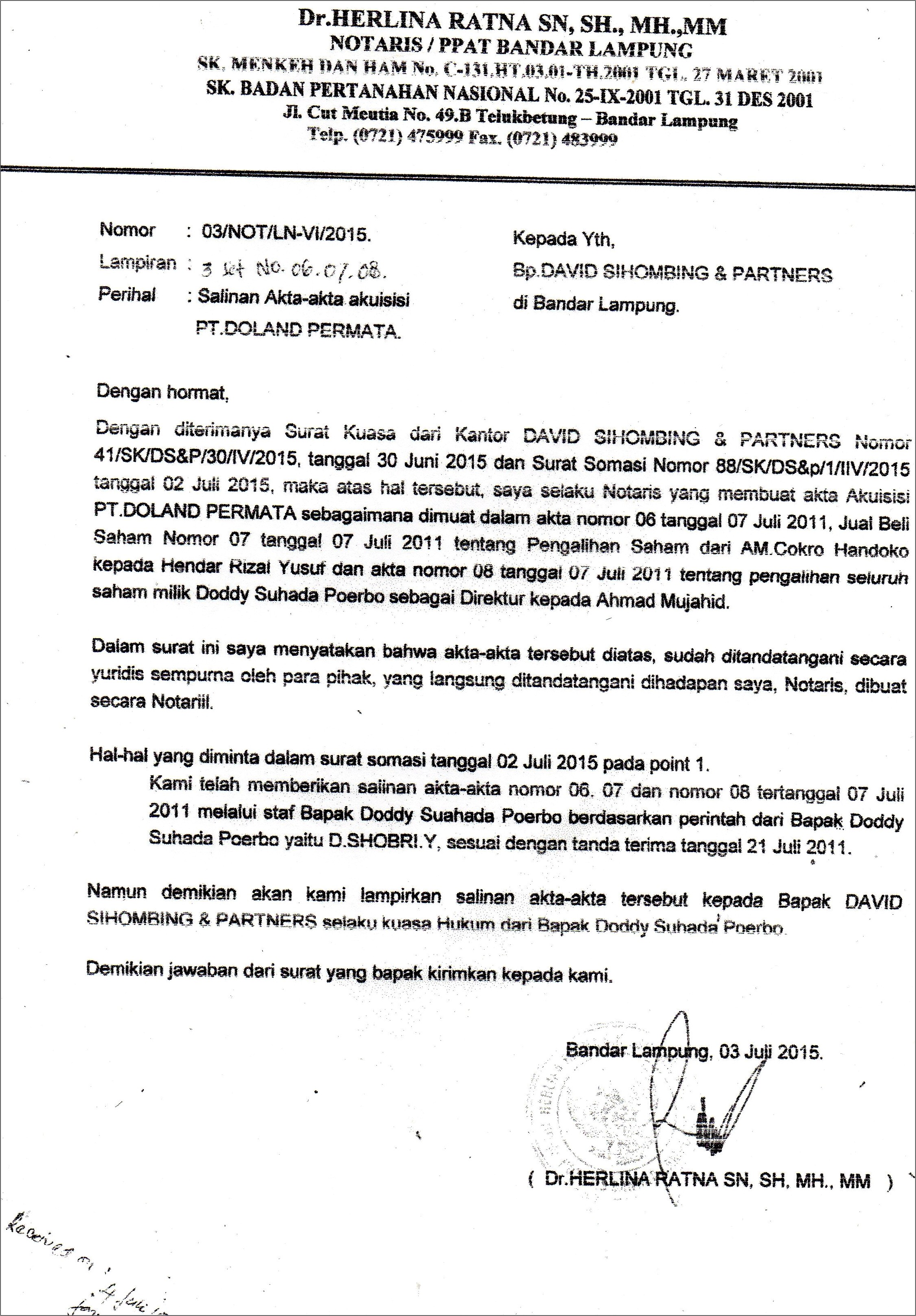 Contoh Surat Permohonan Akuisisi