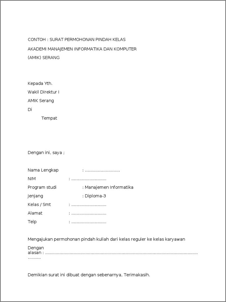 Contoh Surat Permohonan Alih Jenis Kuliah