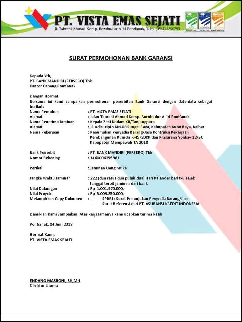 Contoh Surat Permohonan Bank Garansi Btn