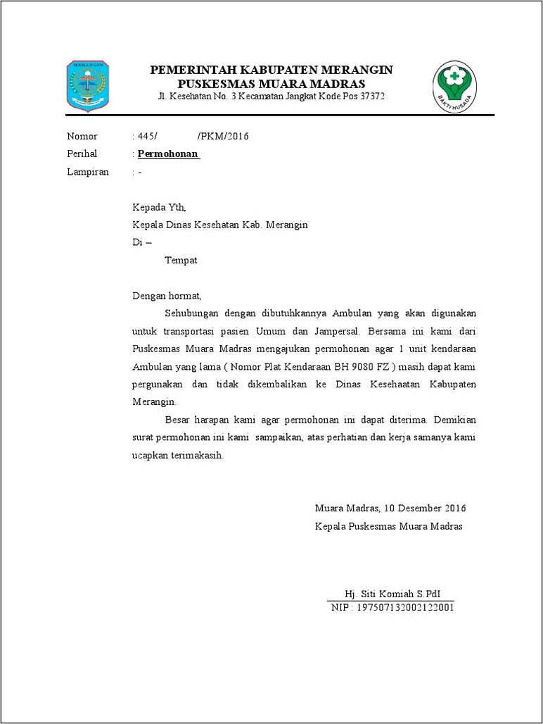 Contoh Surat Permohonan Bantuan Ambulan