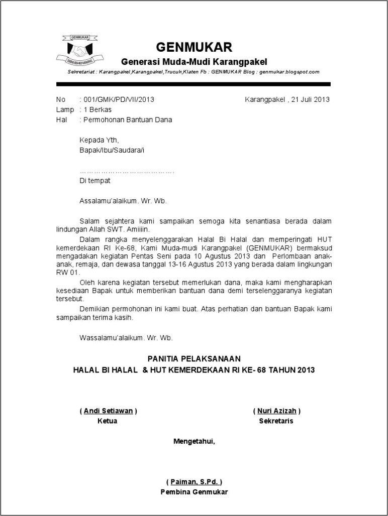 Contoh Surat Permohonan Bantuan Dana 17 Agustus Doc