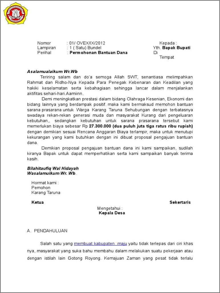 Contoh Surat Permohonan Bantuan Dana Kegiatan Olahraga