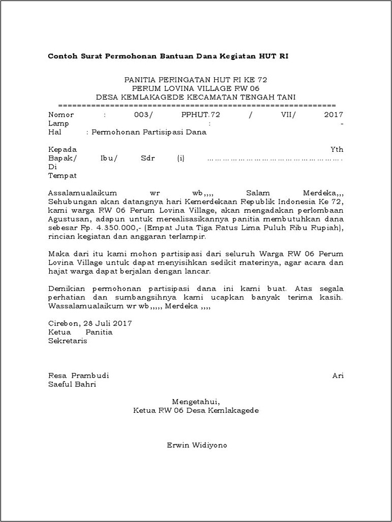 Contoh Surat Permohonan Bantuan Dana Konsumsi