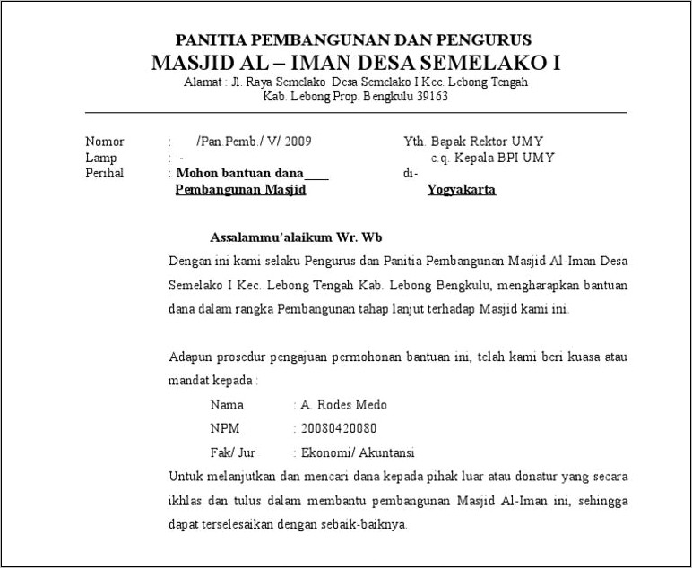 Contoh Surat Permohonan Bantuan Dana Pembangunan Masjid Doc Untuk Komplek