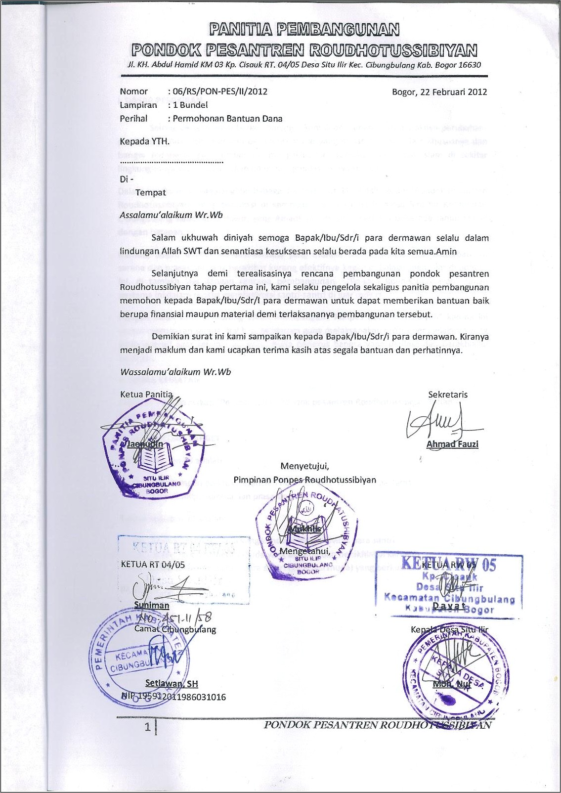 Contoh Surat Permohonan Bantuan Dana Pembangunan Masjid