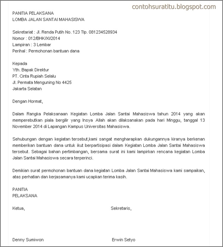 Contoh Surat Permohonan Bantuan Dana Untuk Kegiatan Lomba