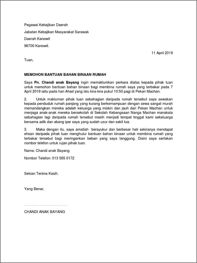 Contoh Surat Permohonan Bantuan Jabatan Kebajikan Masyarakat