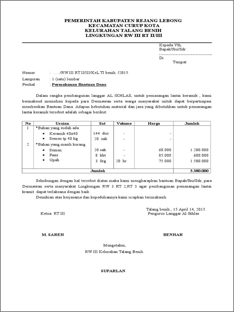Contoh Surat Permohonan Bantuan Material