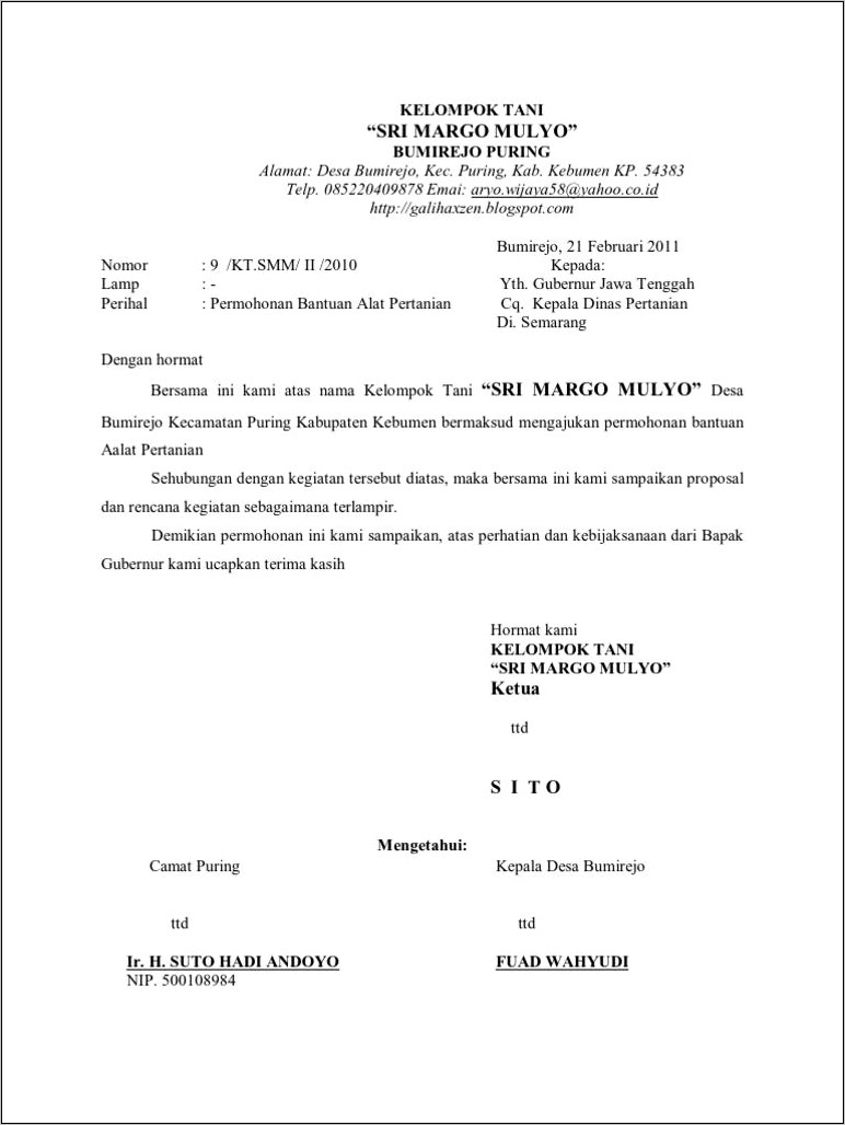 Contoh Surat Permohonan Bantuan Mesin Pompa Air