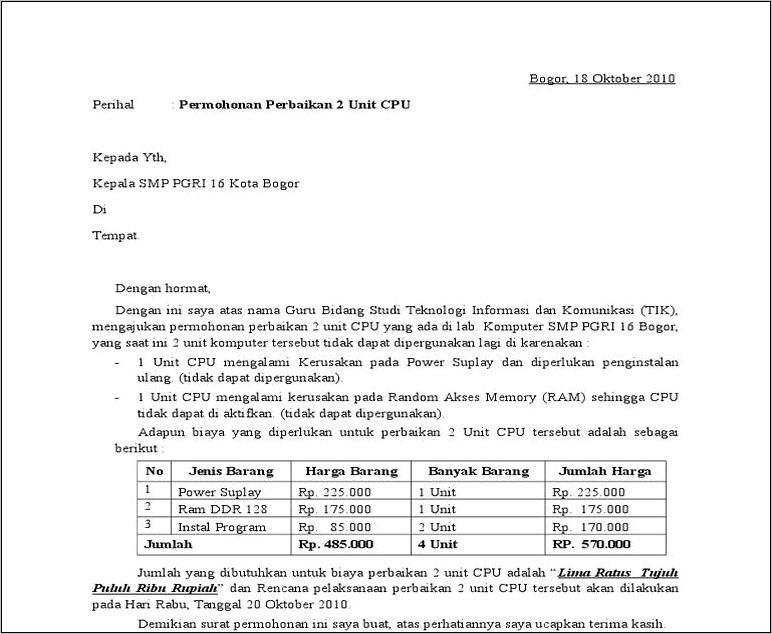 Contoh Surat Permohonan Bantuan Pemeliharaan Gedung Kantor