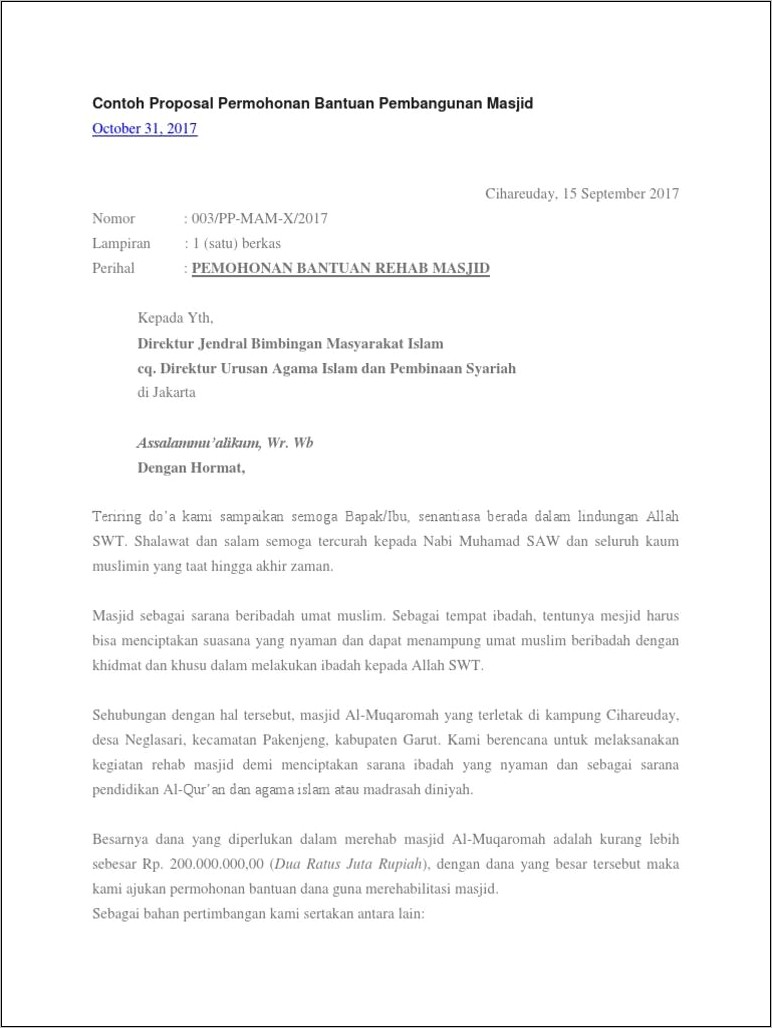 Contoh Surat Permohonan Bantuan Untuk Pembangunan Masjid