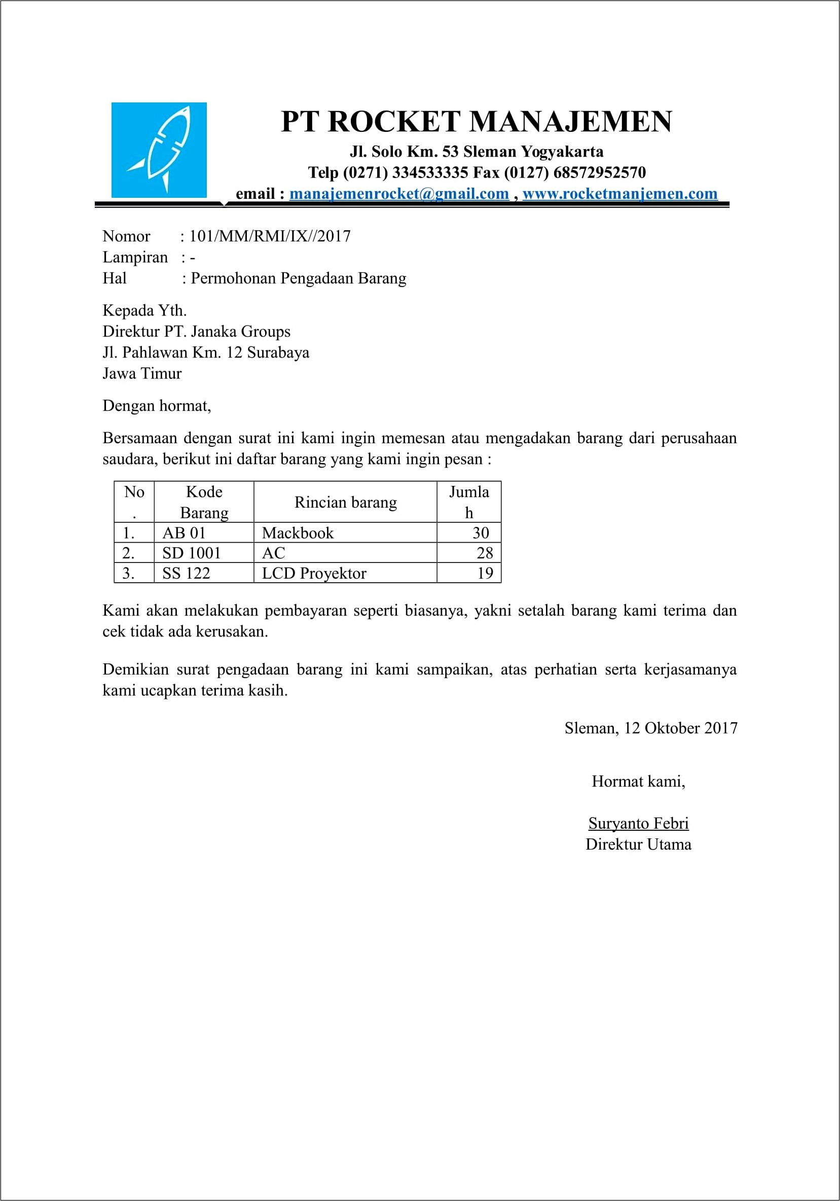 Contoh Surat Permohonan Barang Sekolah