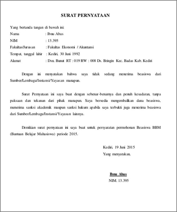 Contoh Surat Permohonan Beasiswa Bontang