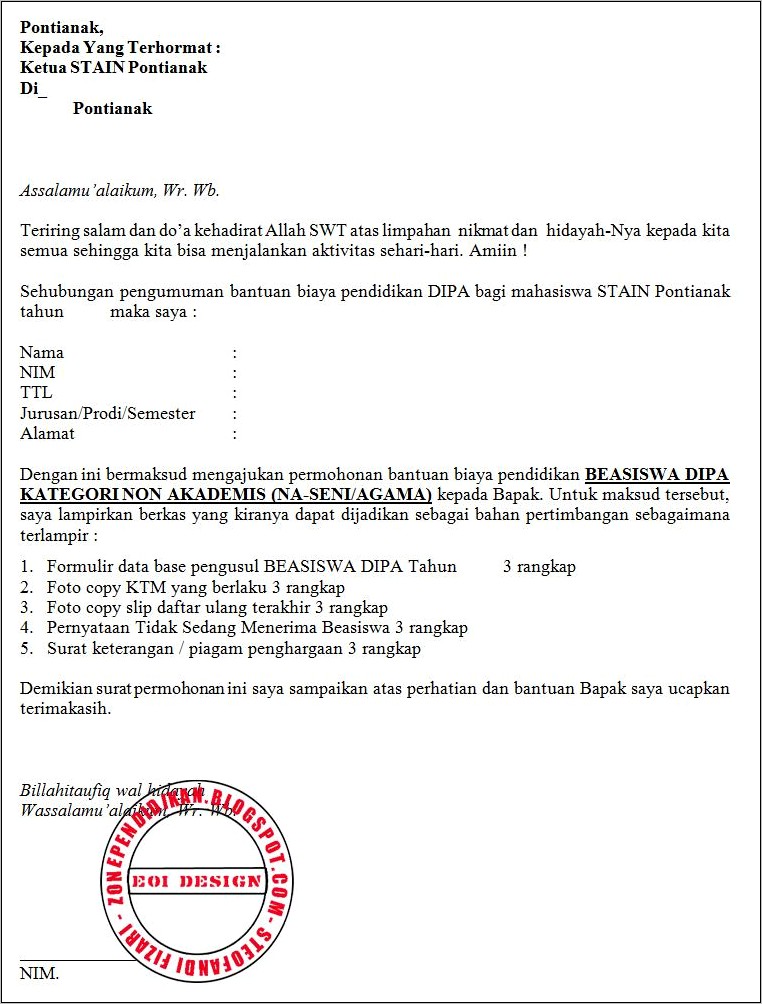 Contoh Surat Permohonan Beasiswa Dari Kepala Sekolah