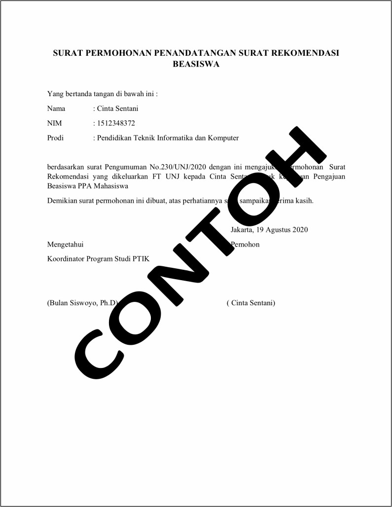 Contoh Surat Permohonan Beasiswa Doktor
