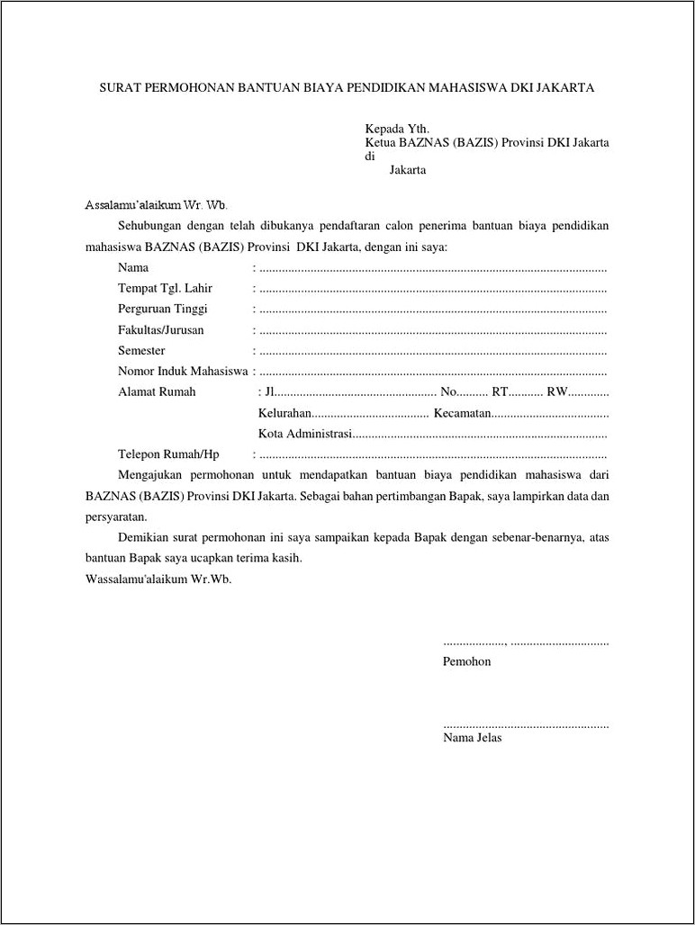 Contoh Surat Permohonan Biaya Pengobatan