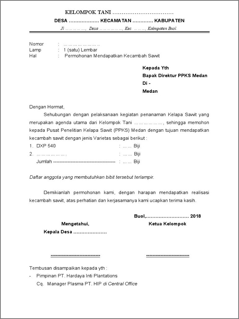 Contoh Surat Permohonan Bibit Kelapa Sawit