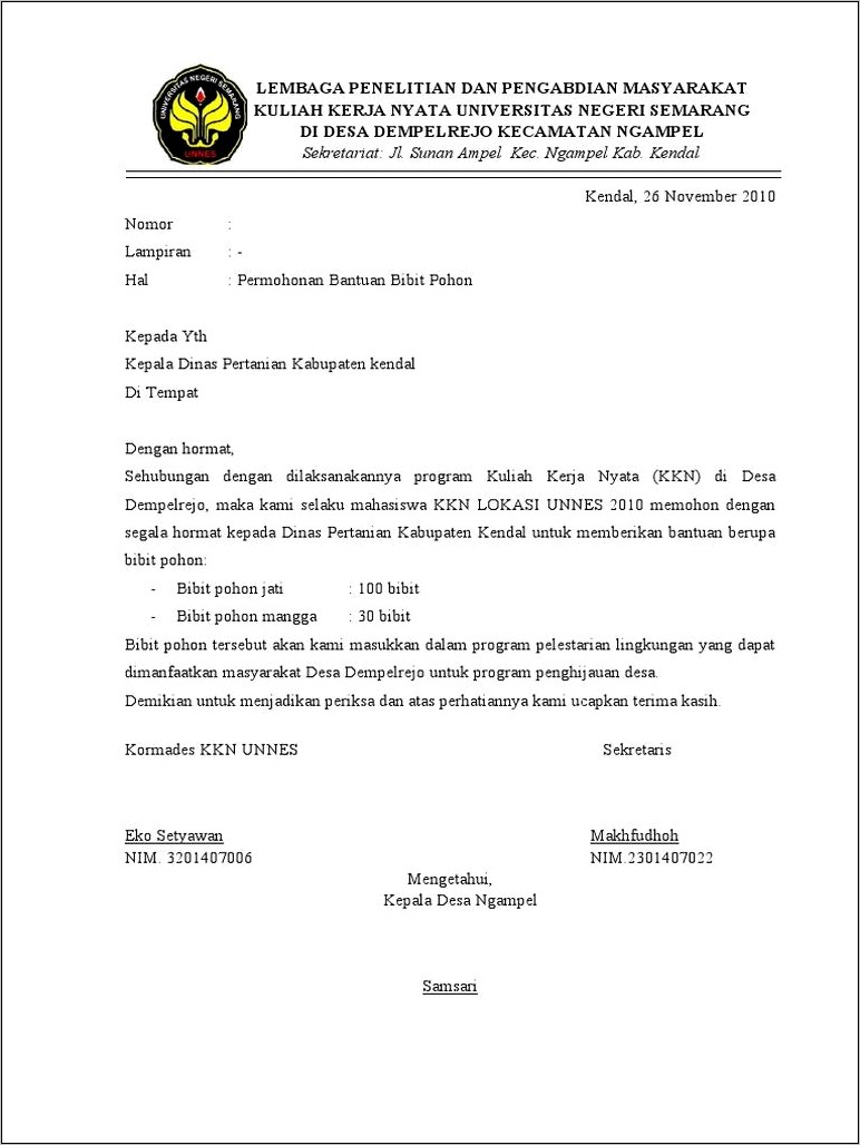 Contoh Surat Permohonan Bibit Tanaman Instansi Pemerintah