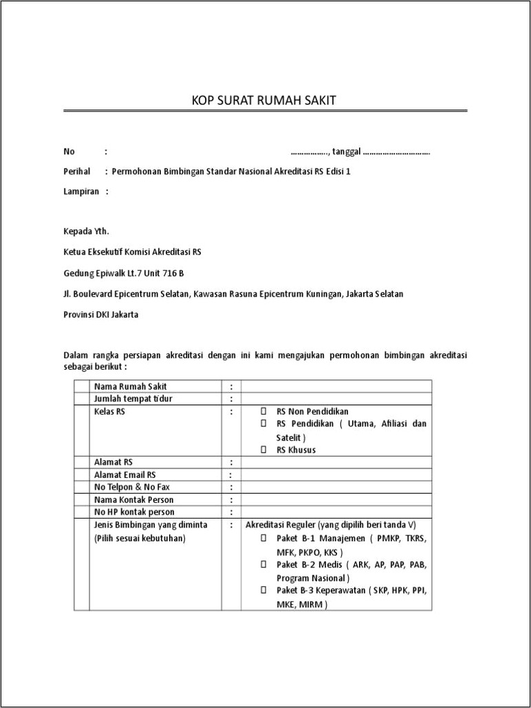 Contoh Surat Permohonan Bimbingan Akreditasi Rumah Sakit Snars 1.1 2020