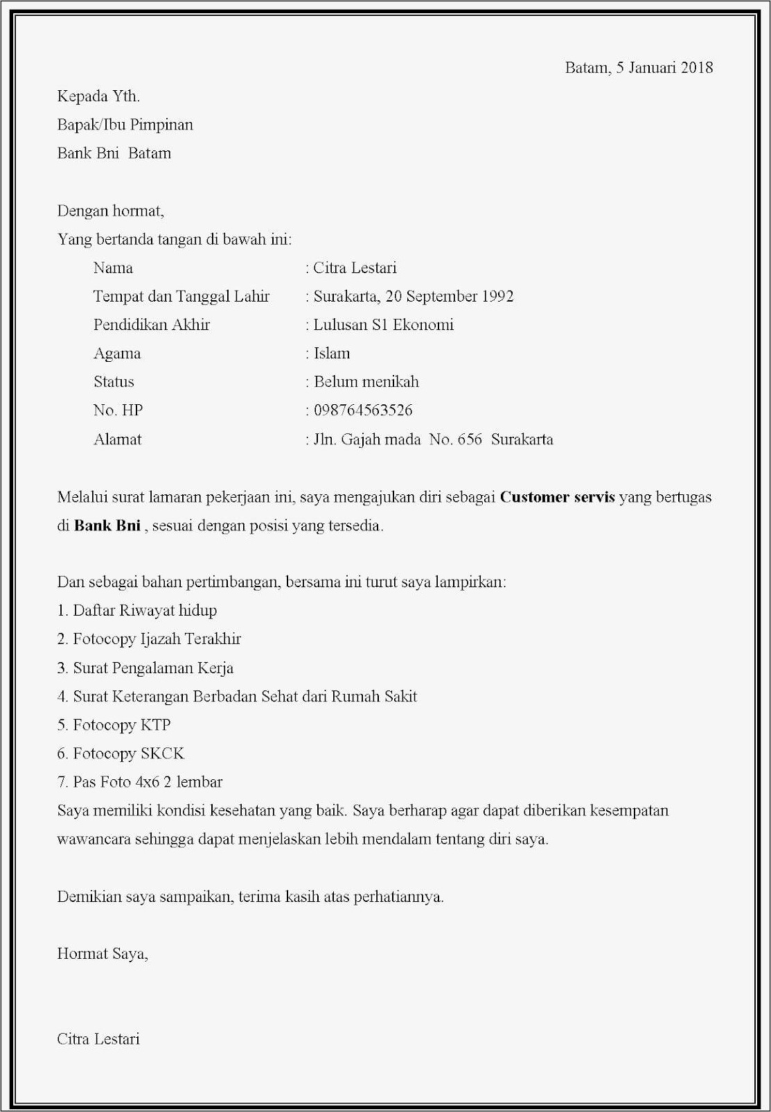 Contoh Surat Permohonan Bni