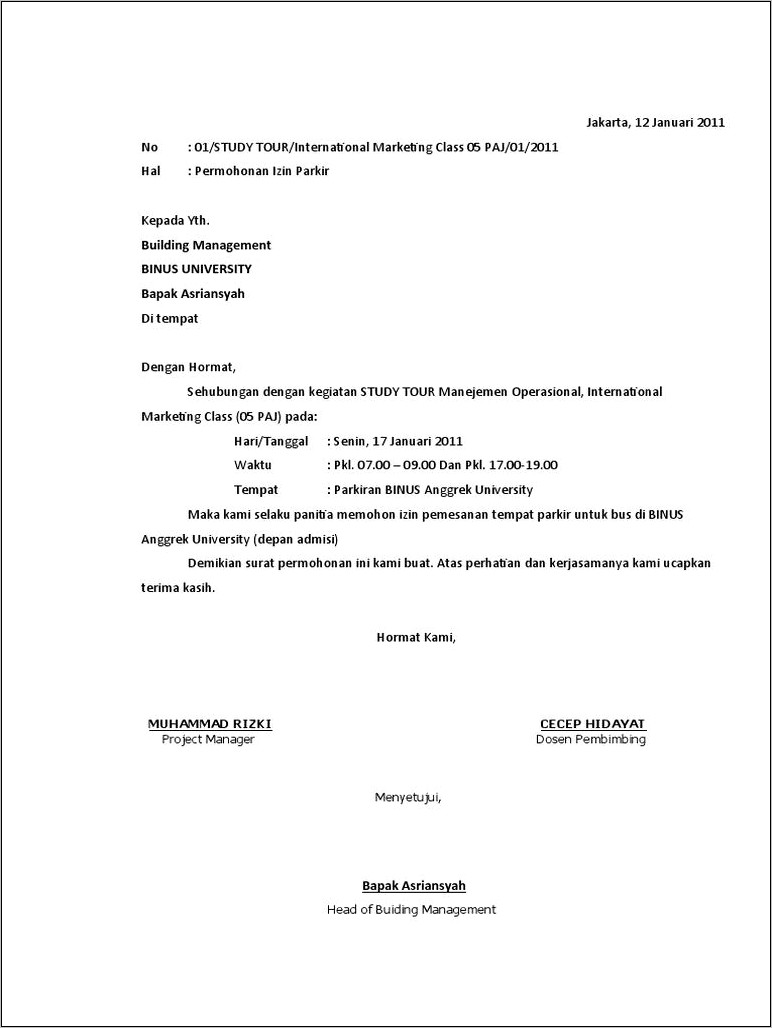 Contoh Surat Permohonan Booking Tempat