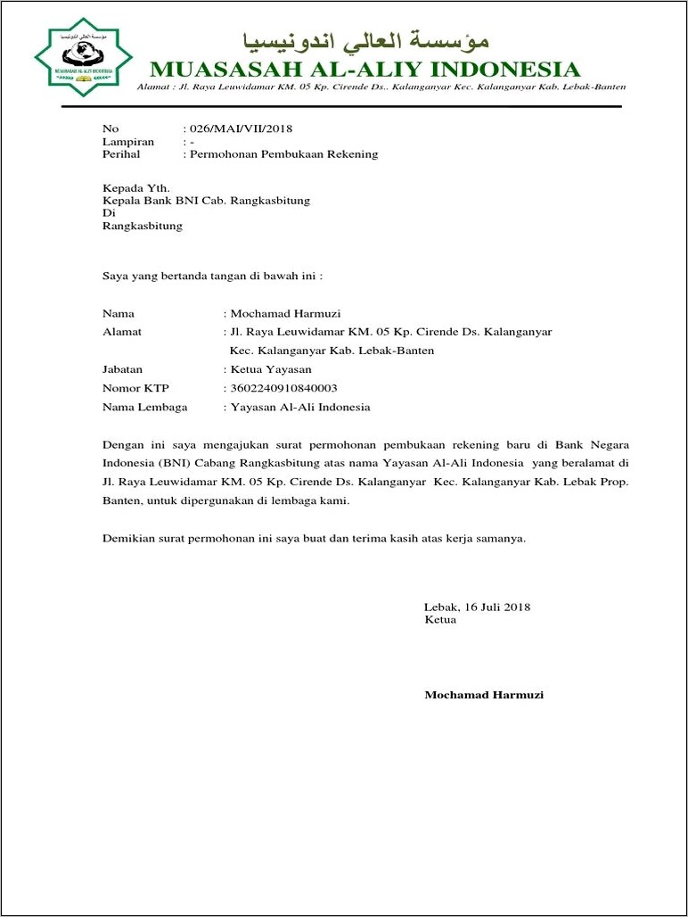 Contoh Surat Permohonan Buka Rekening Lembaga Di Bank Sumsel